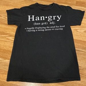 A black t-shirt with design on front